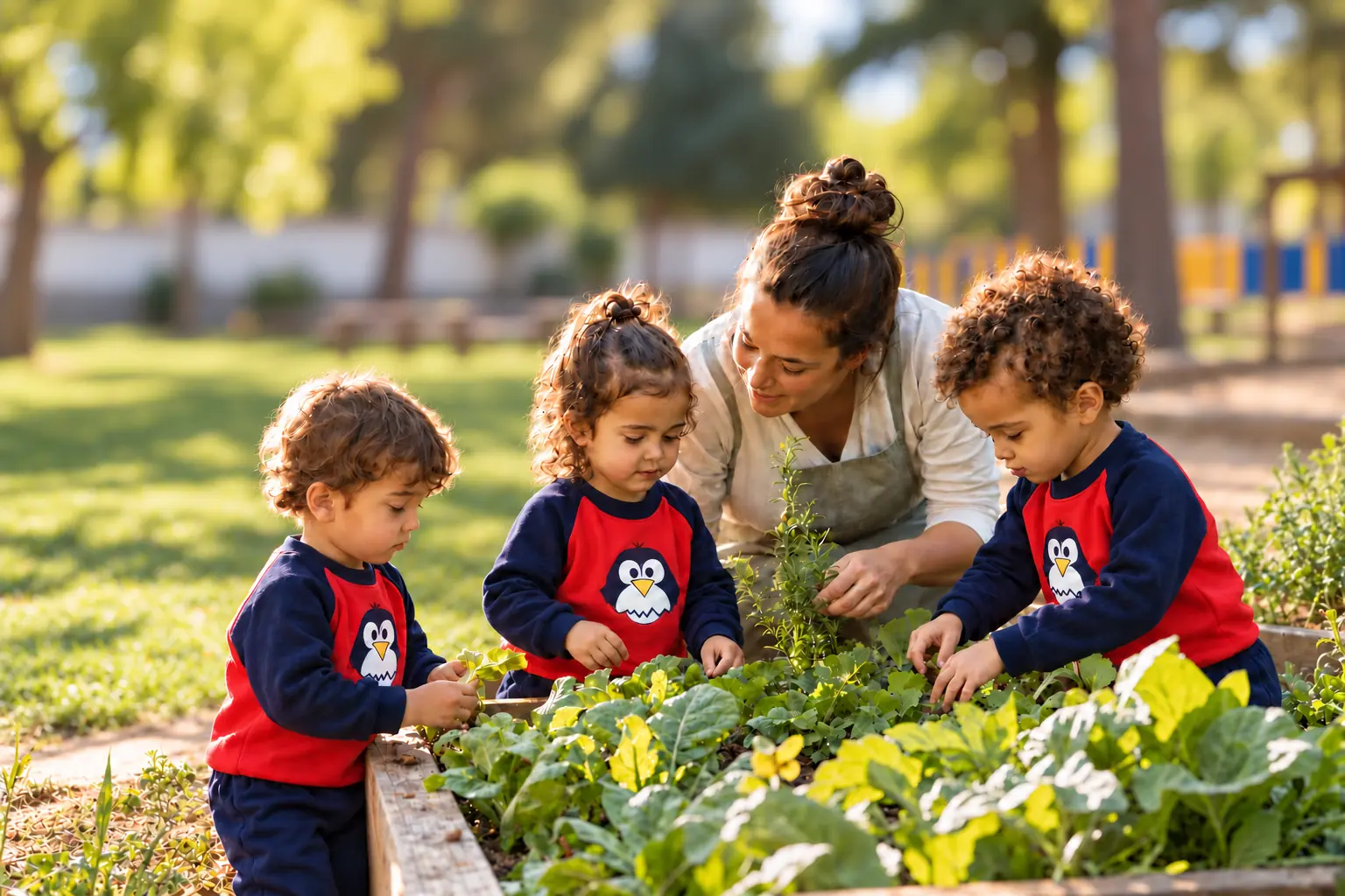 Educadora acompañando a varios niños pequeños con el uniforme de Cascarón en el jardín de la escuela